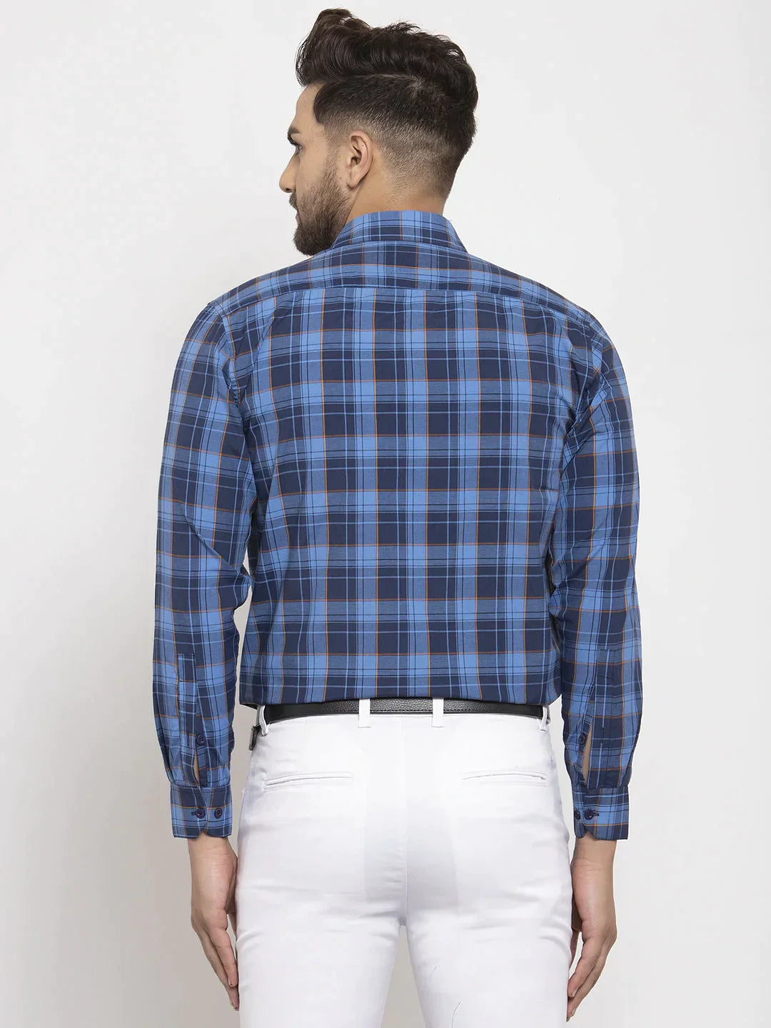 Men's Blue Cotton Checked Formal Shirt's - Taantav