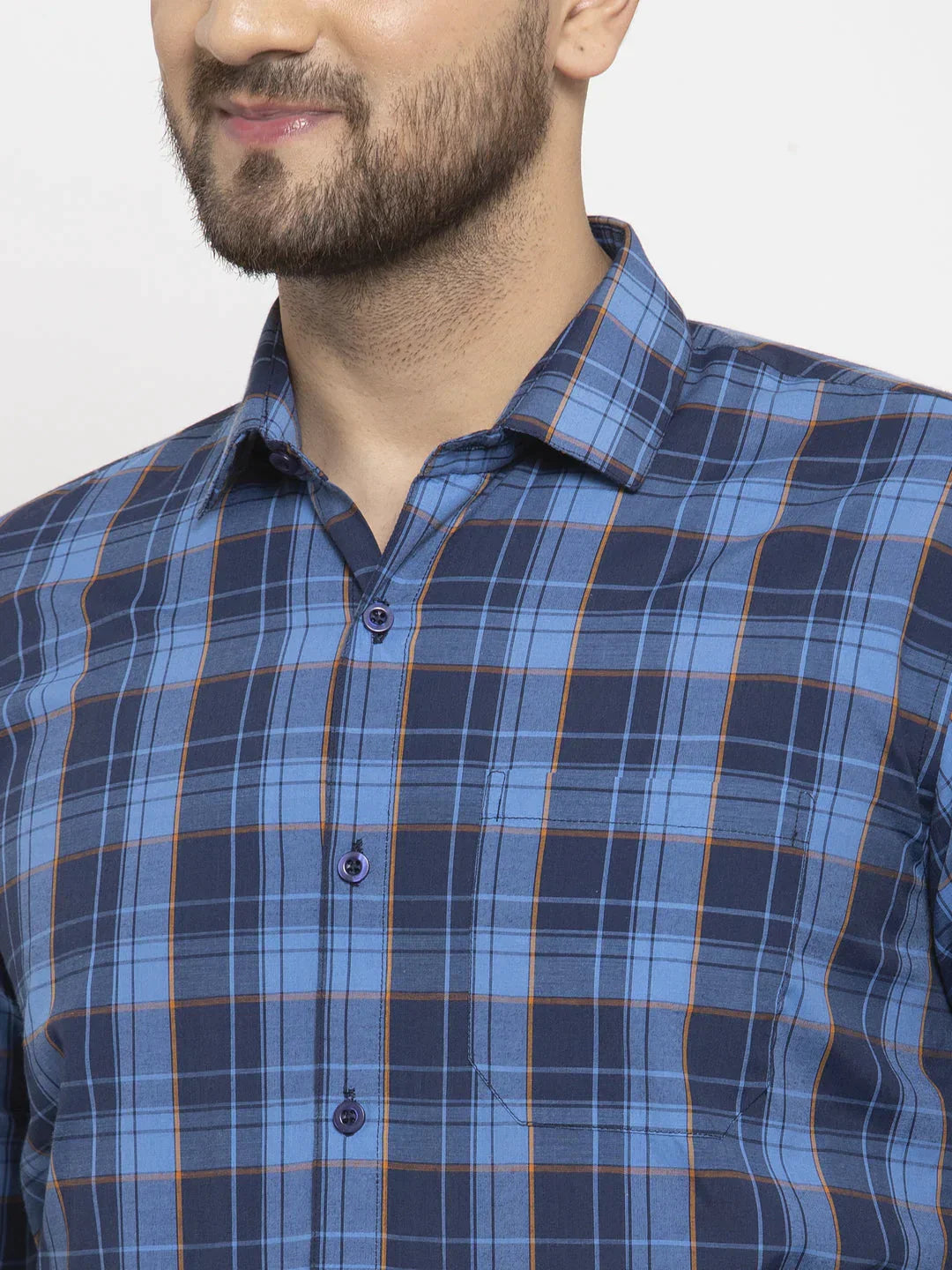 Men's Blue Cotton Checked Formal Shirt's - Taantav