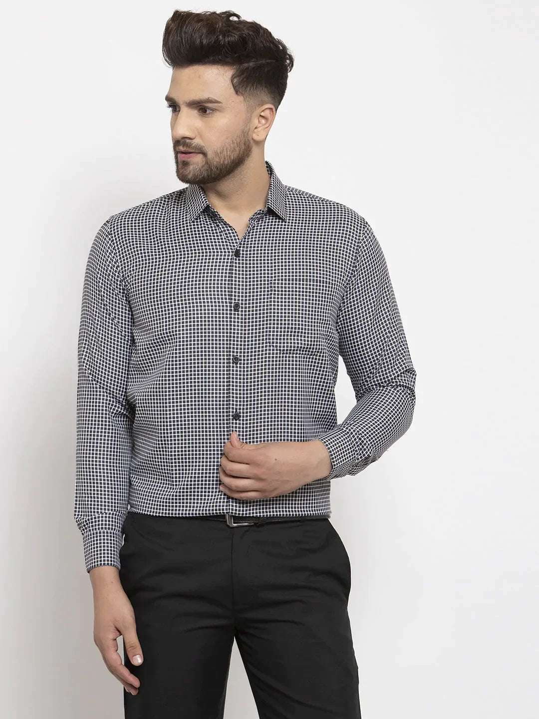 Men's Black Cotton Checked Formal Shirt's - Taantav