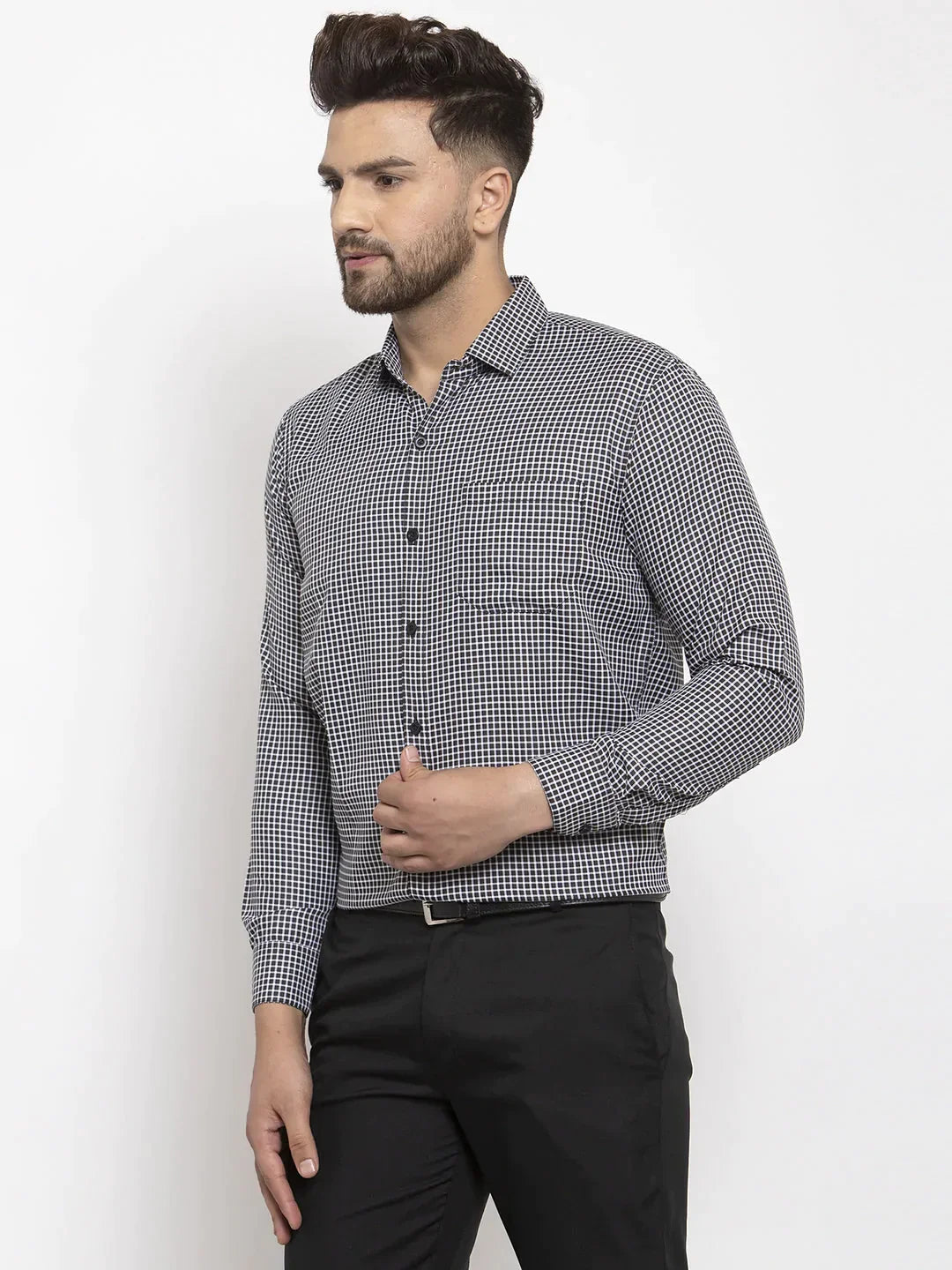 Men's Black Cotton Checked Formal Shirt's - Taantav