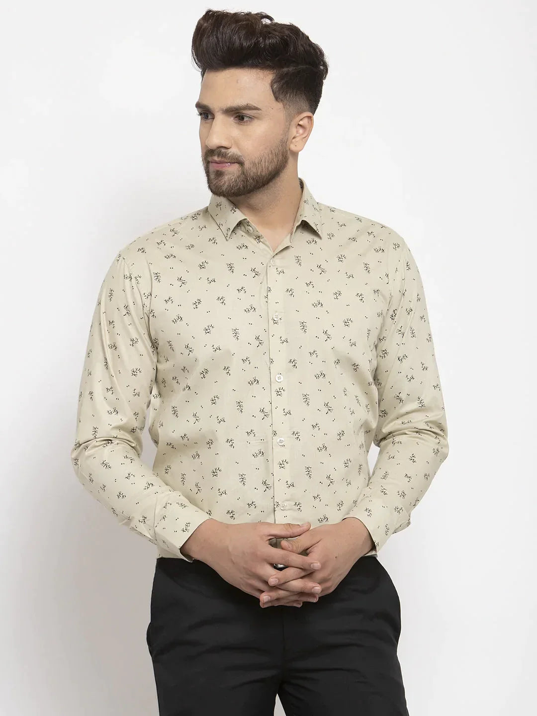 Men's Cream Cotton Printed Formal Shirt's - Taantav