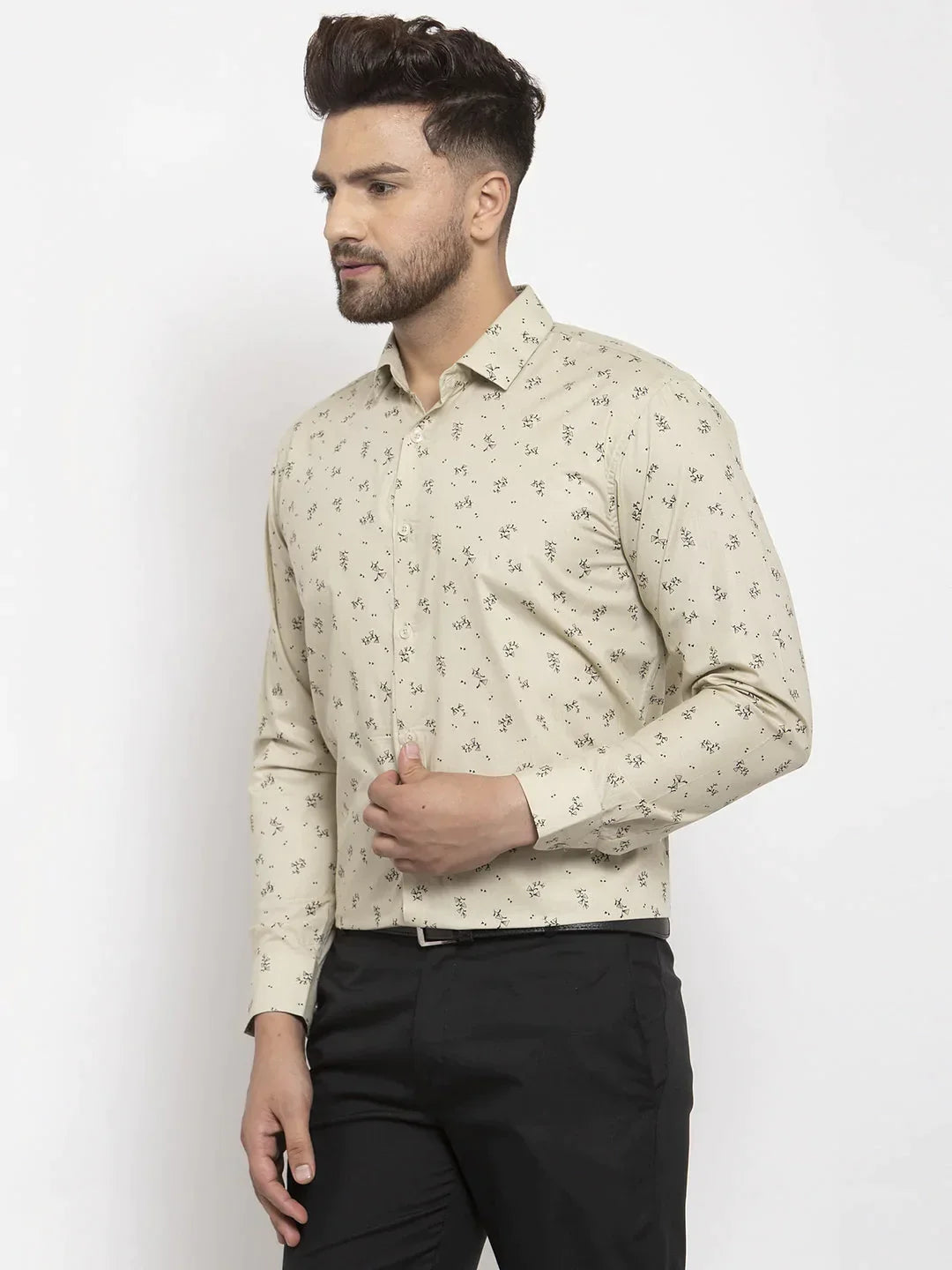 Men's Cream Cotton Printed Formal Shirt's - Taantav