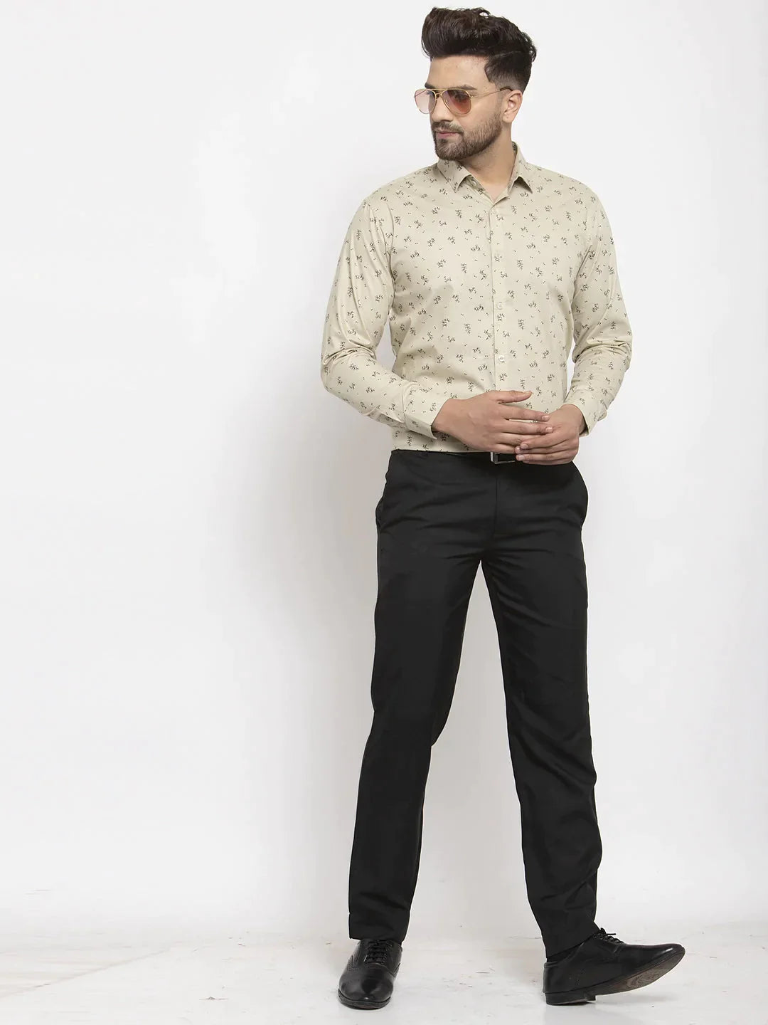 Men's Cream Cotton Printed Formal Shirt's - Taantav