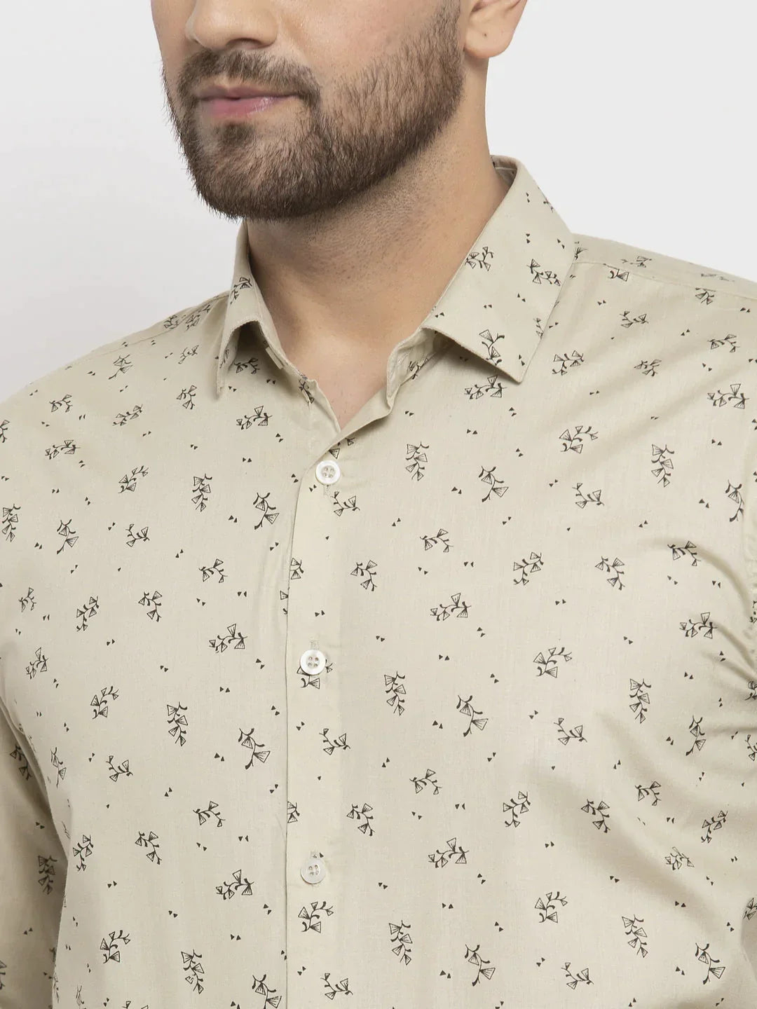 Men's Cream Cotton Printed Formal Shirt's - Taantav