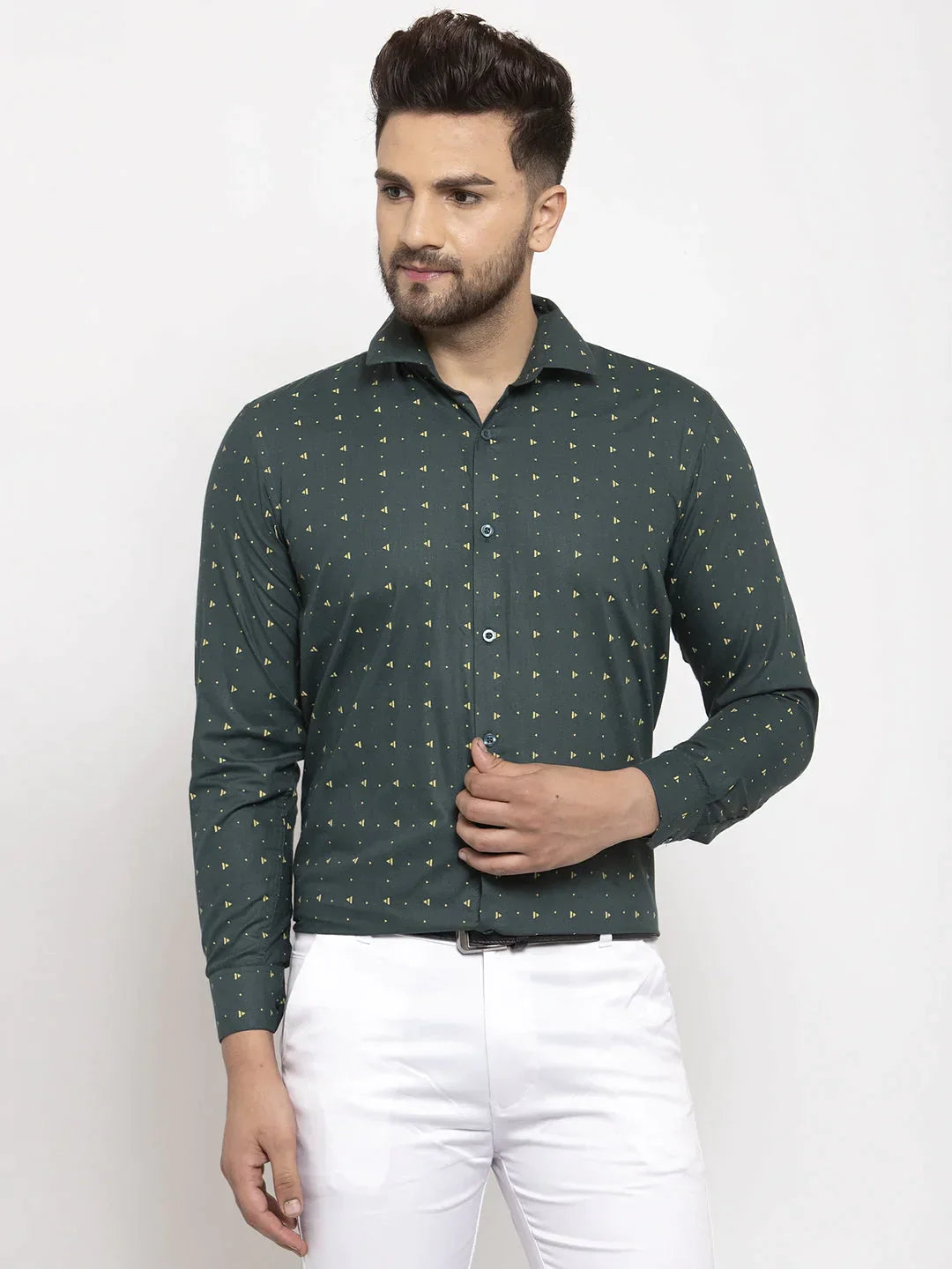 Men's Green Cotton Printed Formal Shirt's - Taantav