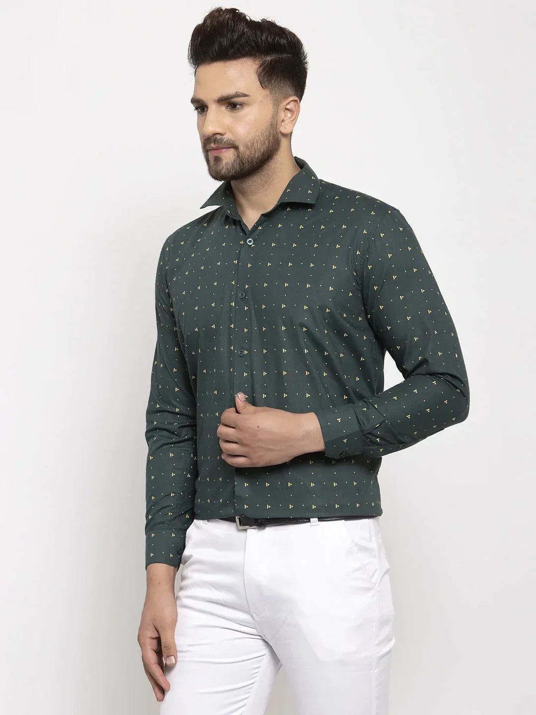 Men's Green Cotton Printed Formal Shirt's - Taantav