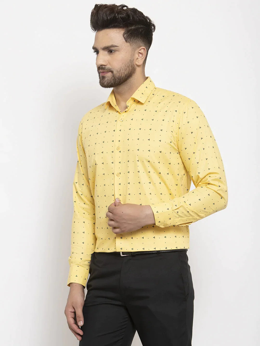 Men's Yellow Cotton Printed Formal Shirt's - Taantav