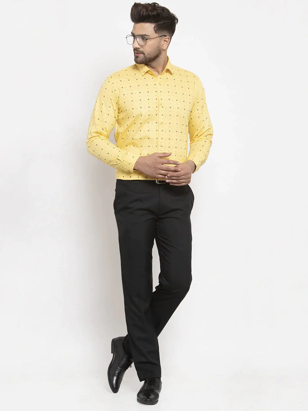 Men's Yellow Cotton Printed Formal Shirt's - Taantav