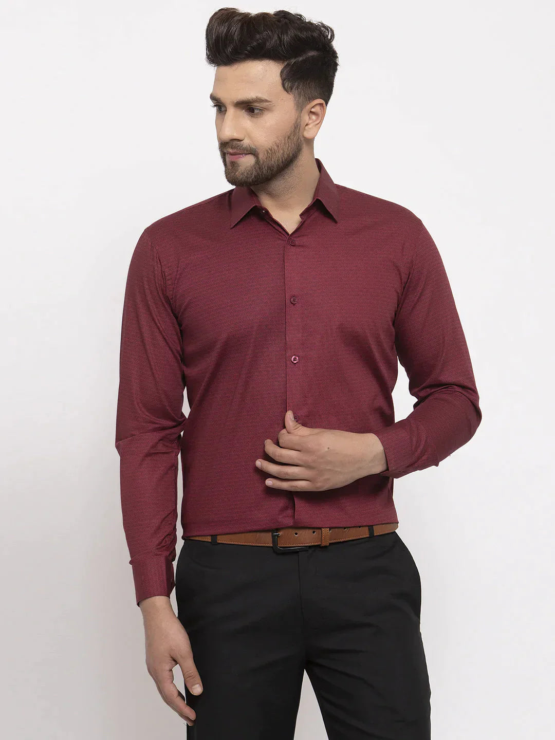 Men's Maroon Cotton Geometric Formal Shirt's - Taantav