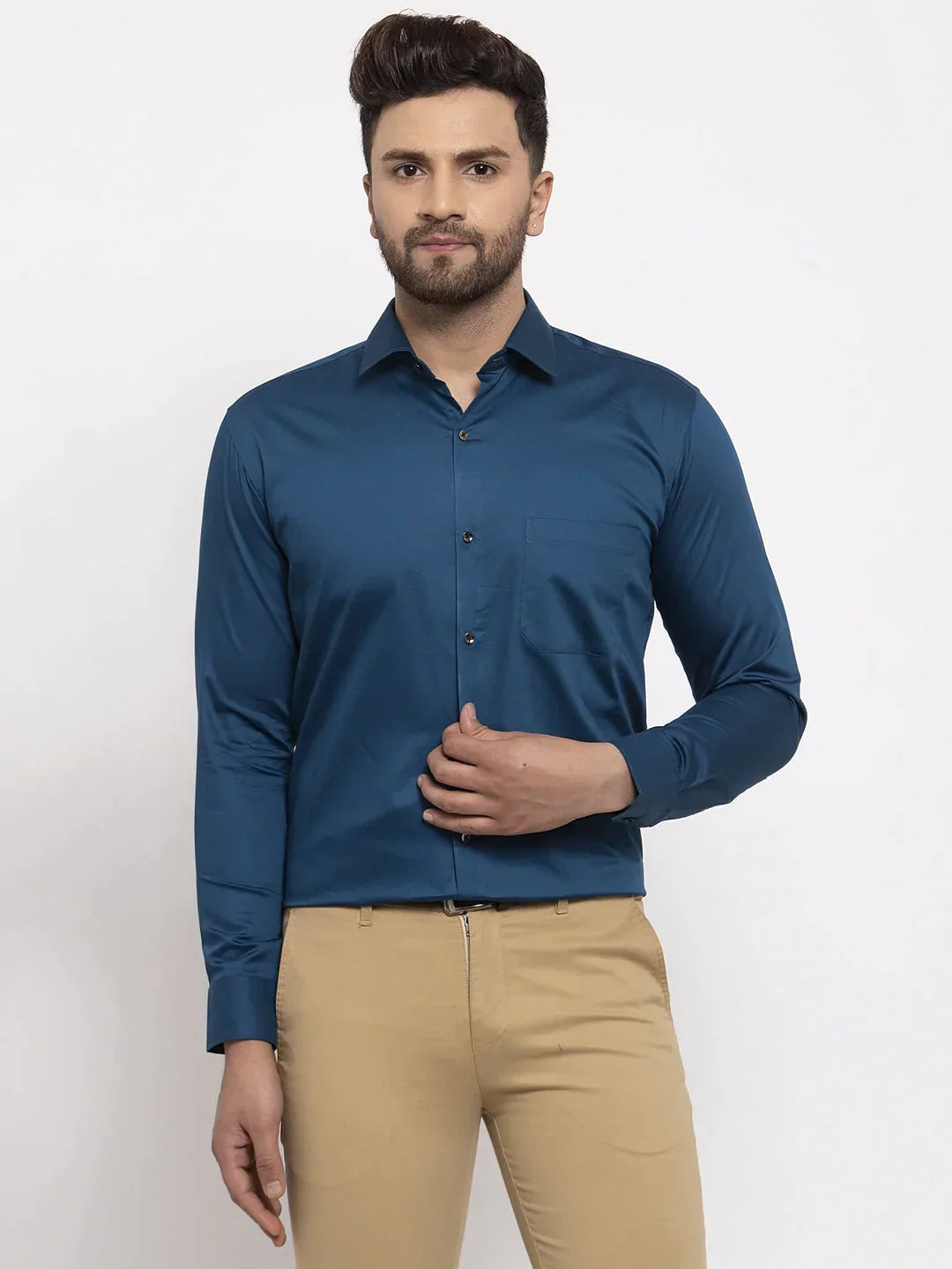 Men's Navy Cotton Solid Formal Shirt's - Taantav