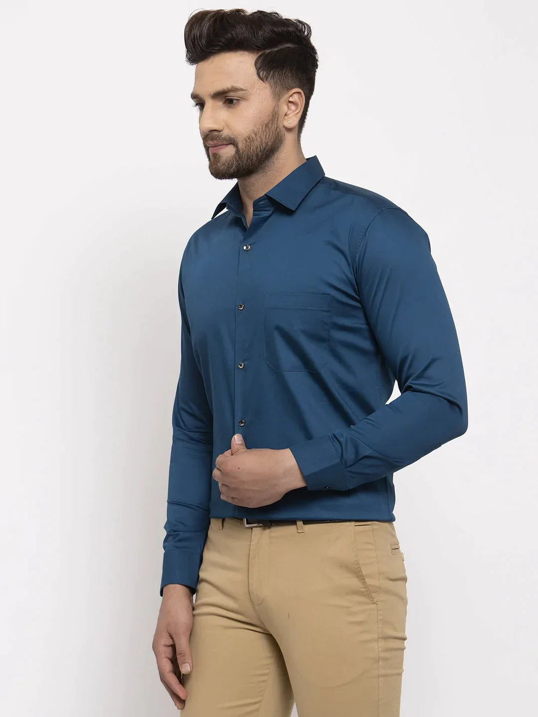 Men's Navy Cotton Solid Formal Shirt's - Taantav