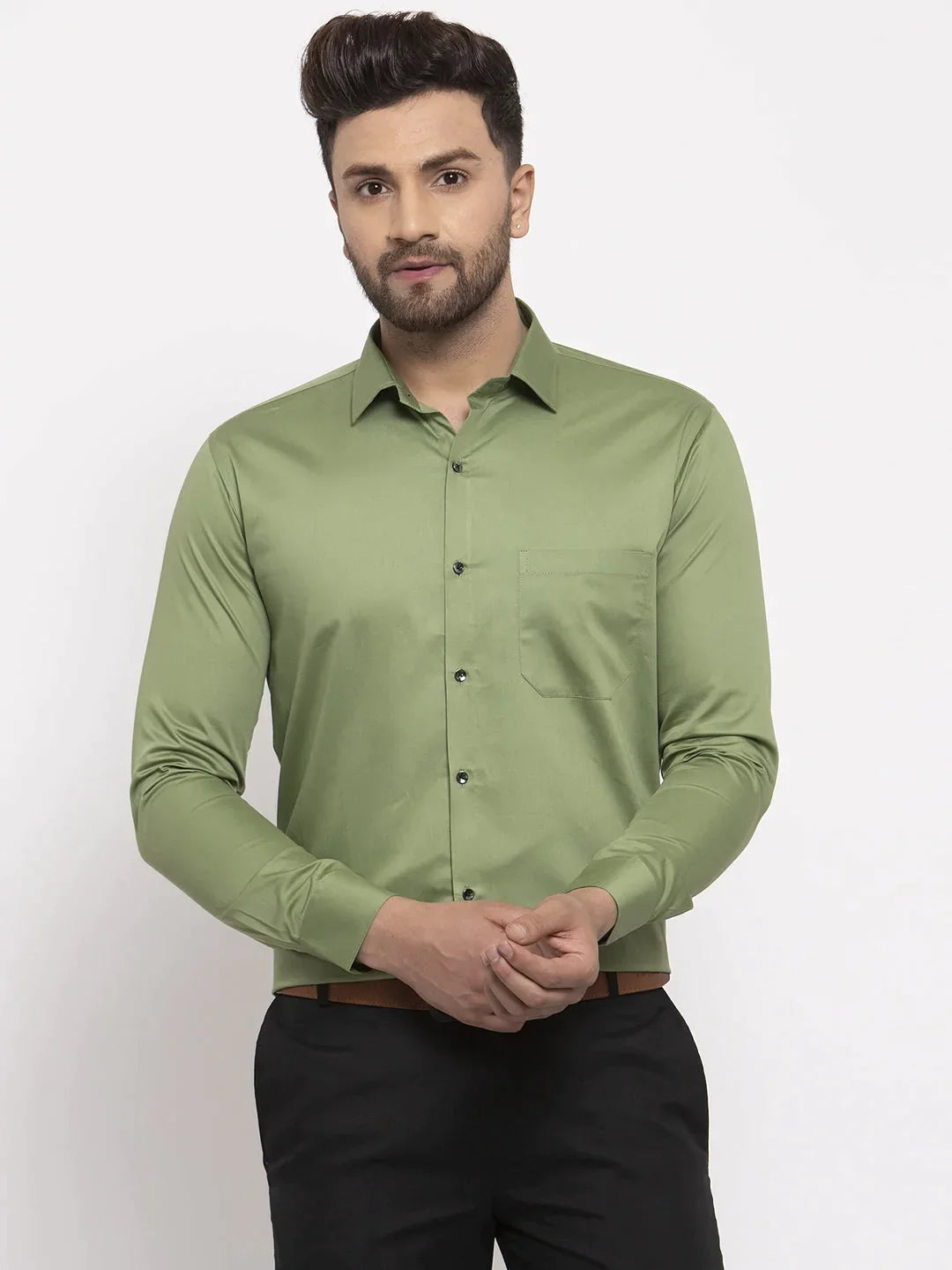 Men's Olive Cotton Solid Formal Shirt's - Taantav