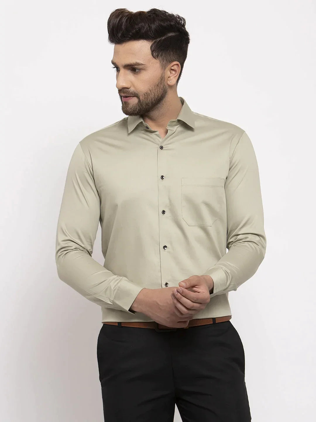 Men's Silver Cotton Solid Formal Shirt's - Taantav