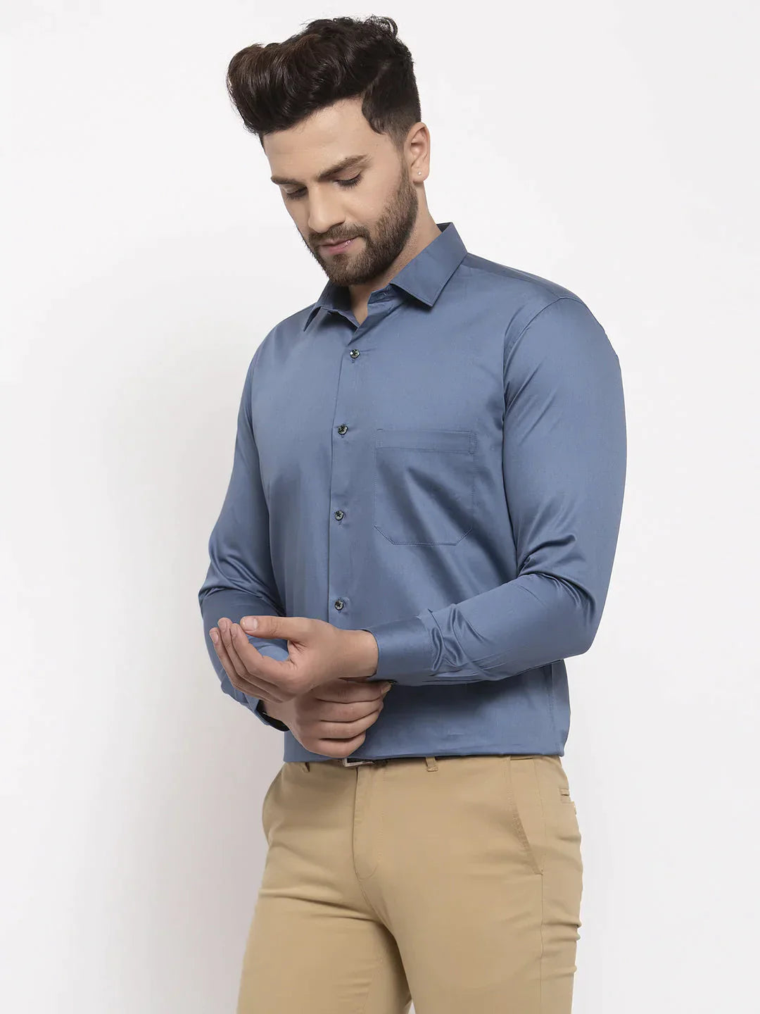 Men's Navy Cotton Solid Formal Shirt's - Taantav