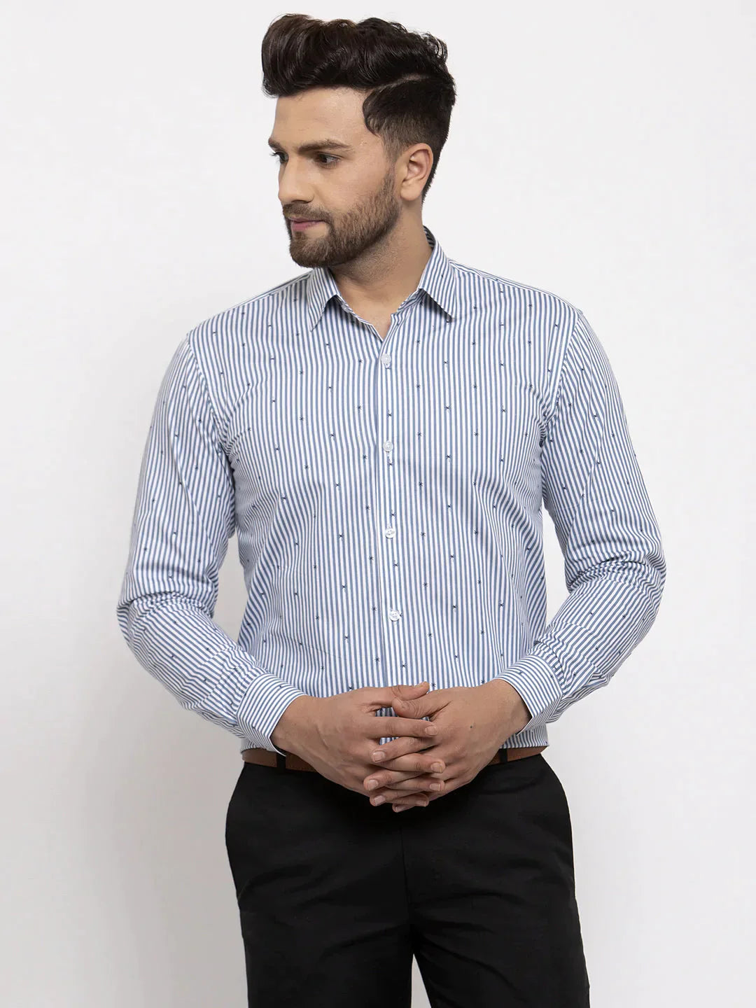 Men's Grey Cotton Striped Formal Shirt's - Taantav