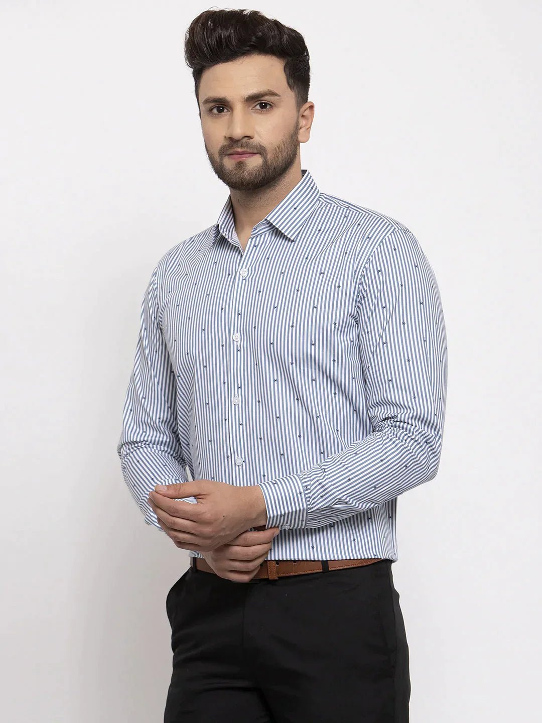 Men's Grey Cotton Striped Formal Shirt's - Taantav