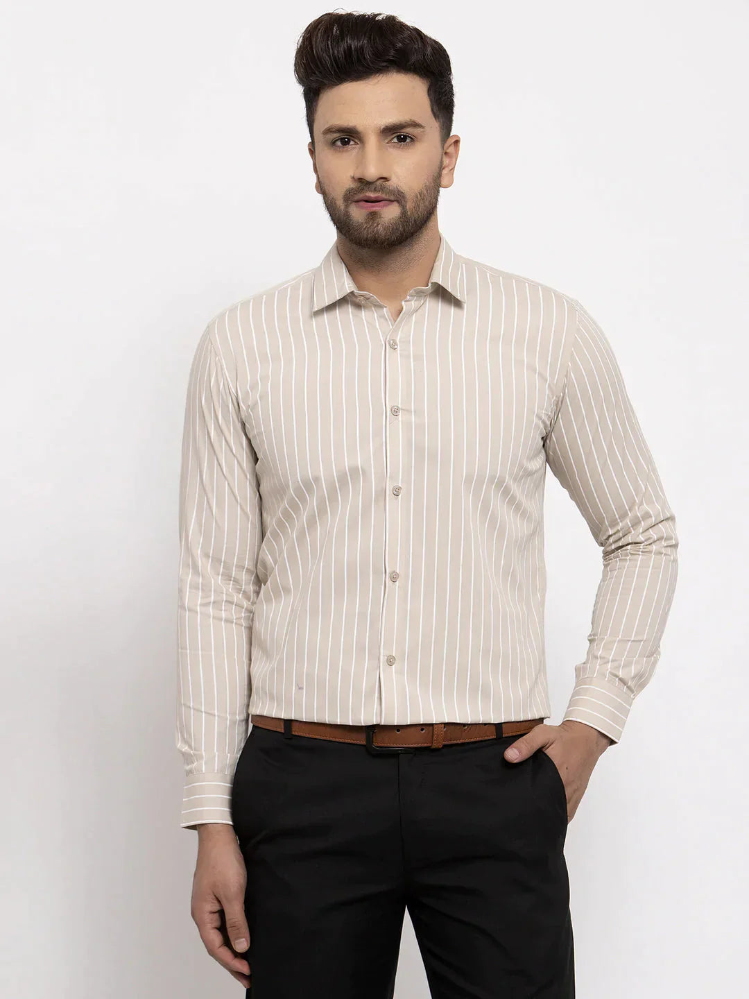 Men's Cream Cotton Striped Formal Shirt's - Taantav