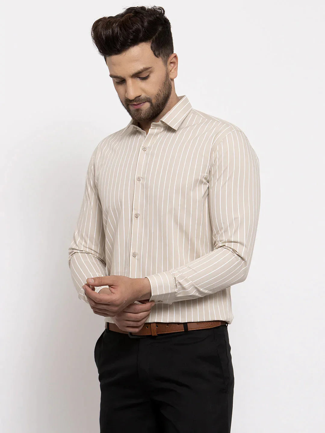 Men's Cream Cotton Striped Formal Shirt's - Taantav