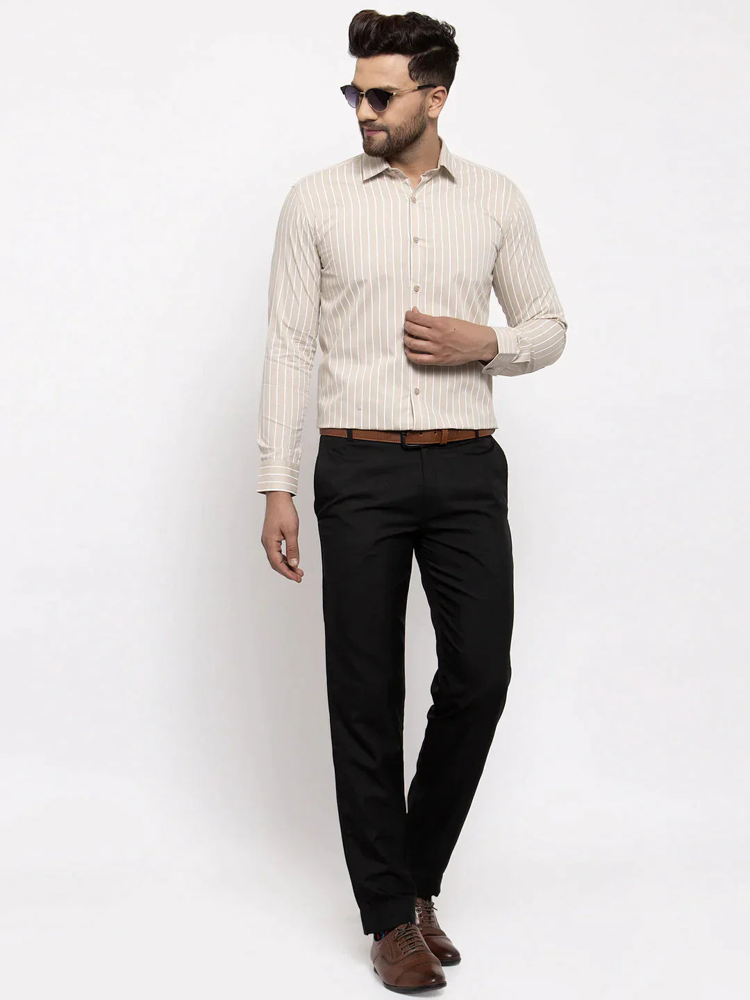 Men's Cream Cotton Striped Formal Shirt's - Taantav