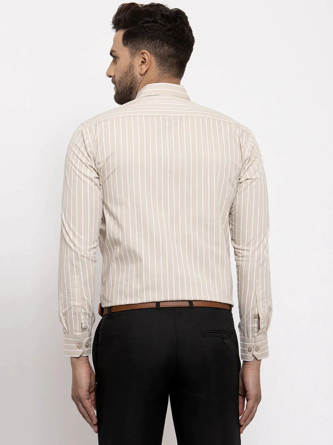 Men's Cream Cotton Striped Formal Shirt's - Taantav