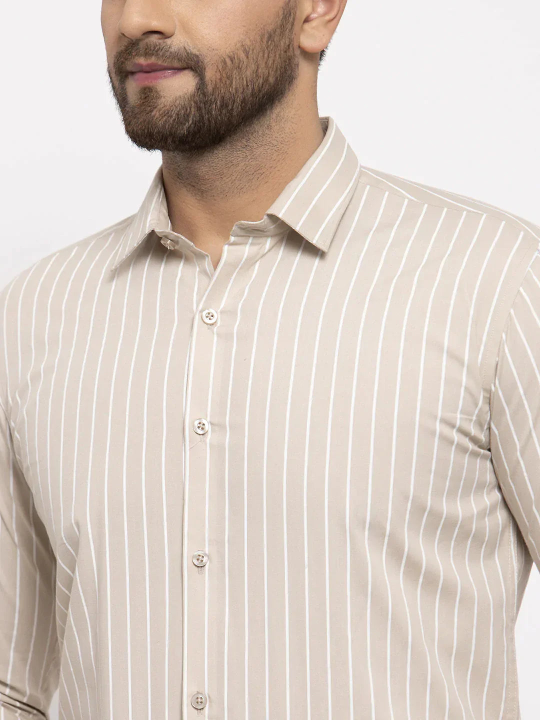 Men's Cream Cotton Striped Formal Shirt's - Taantav