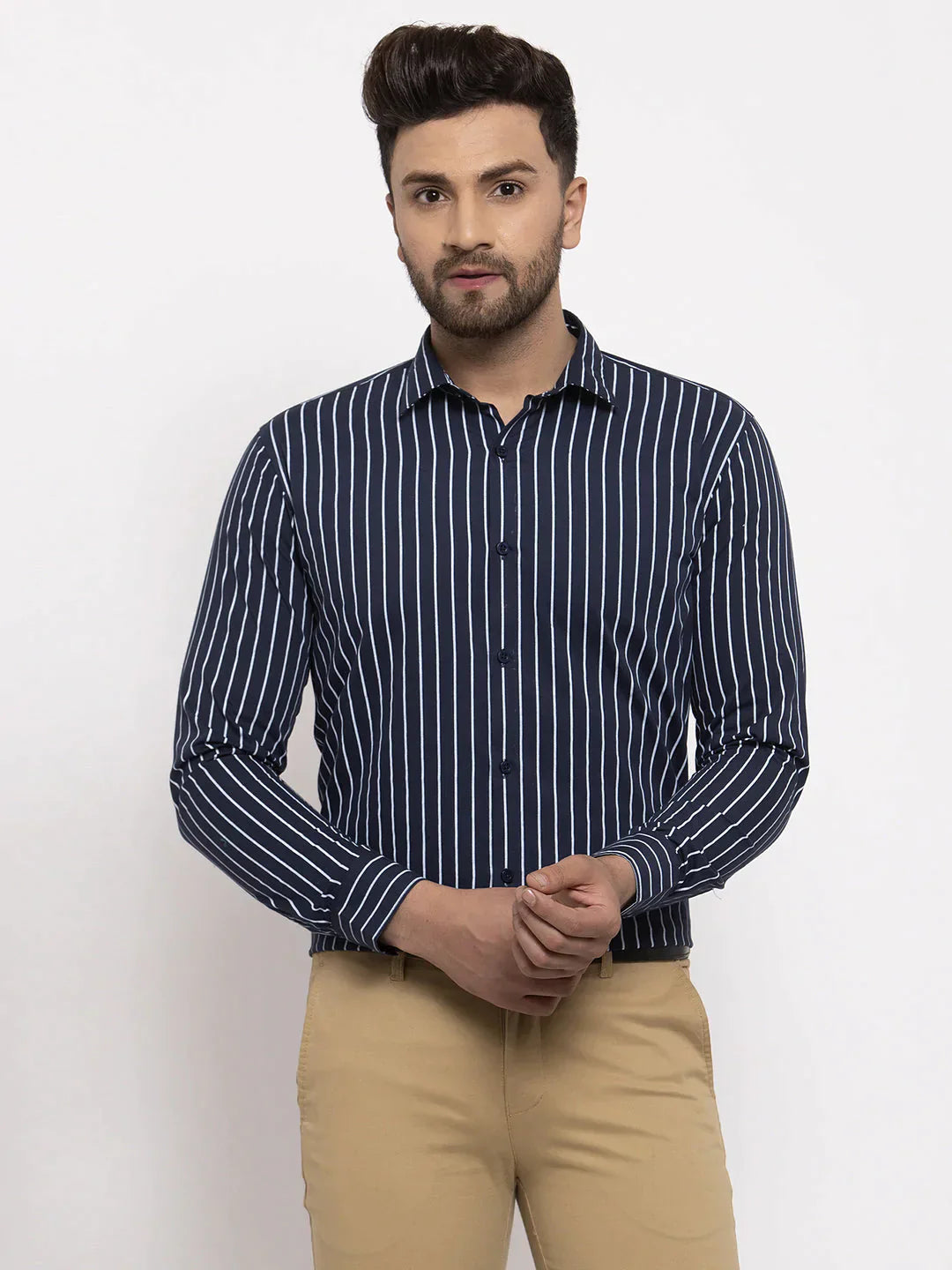 Men's Navy Cotton Striped Formal Shirt's - Taantav