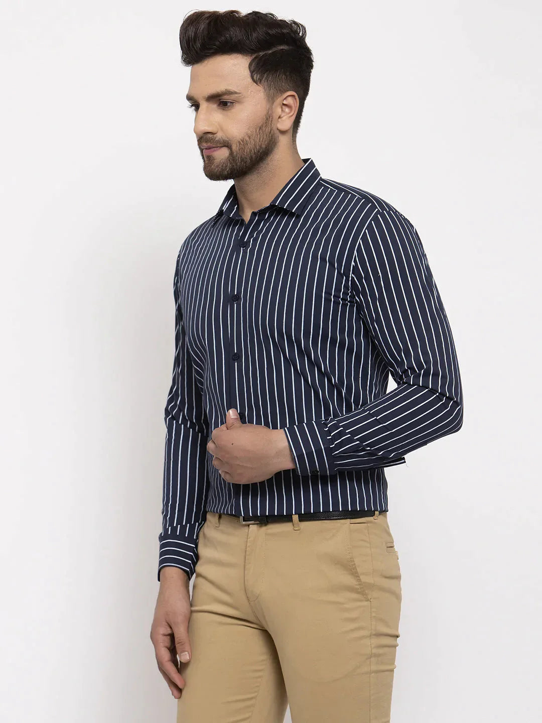 Men's Navy Cotton Striped Formal Shirt's - Taantav