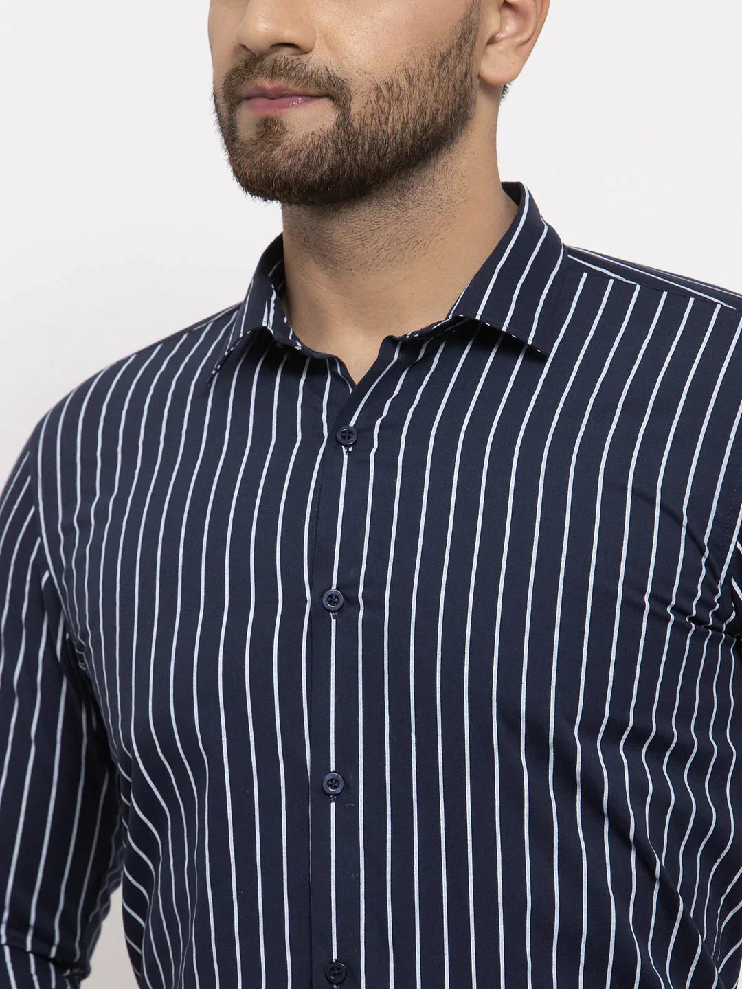 Men's Navy Cotton Striped Formal Shirt's - Taantav