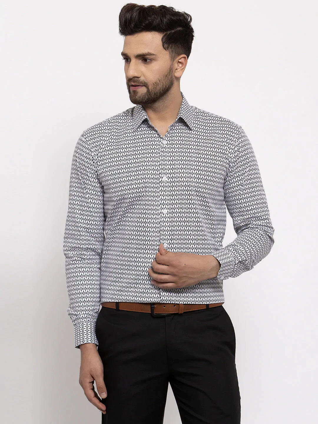 Men's Black Cotton Geometric Formal Shirt's - Taantav