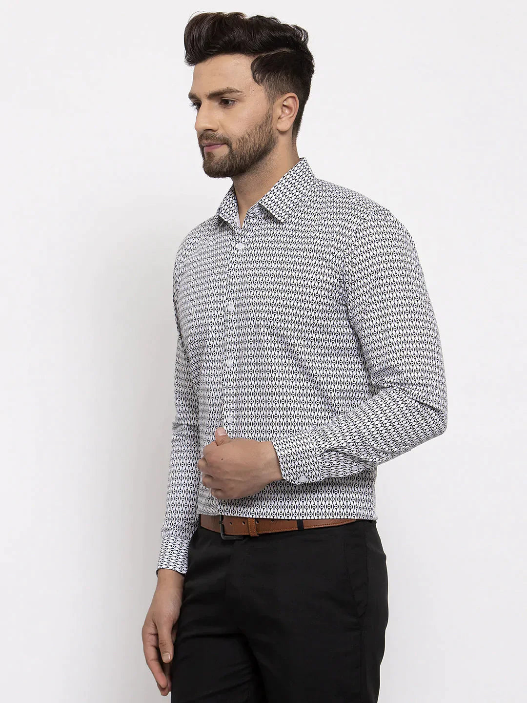 Men's Black Cotton Geometric Formal Shirt's - Taantav