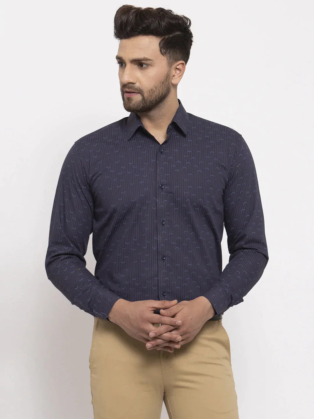 Men's Navy Cotton Printed Formal Shirt's - Taantav