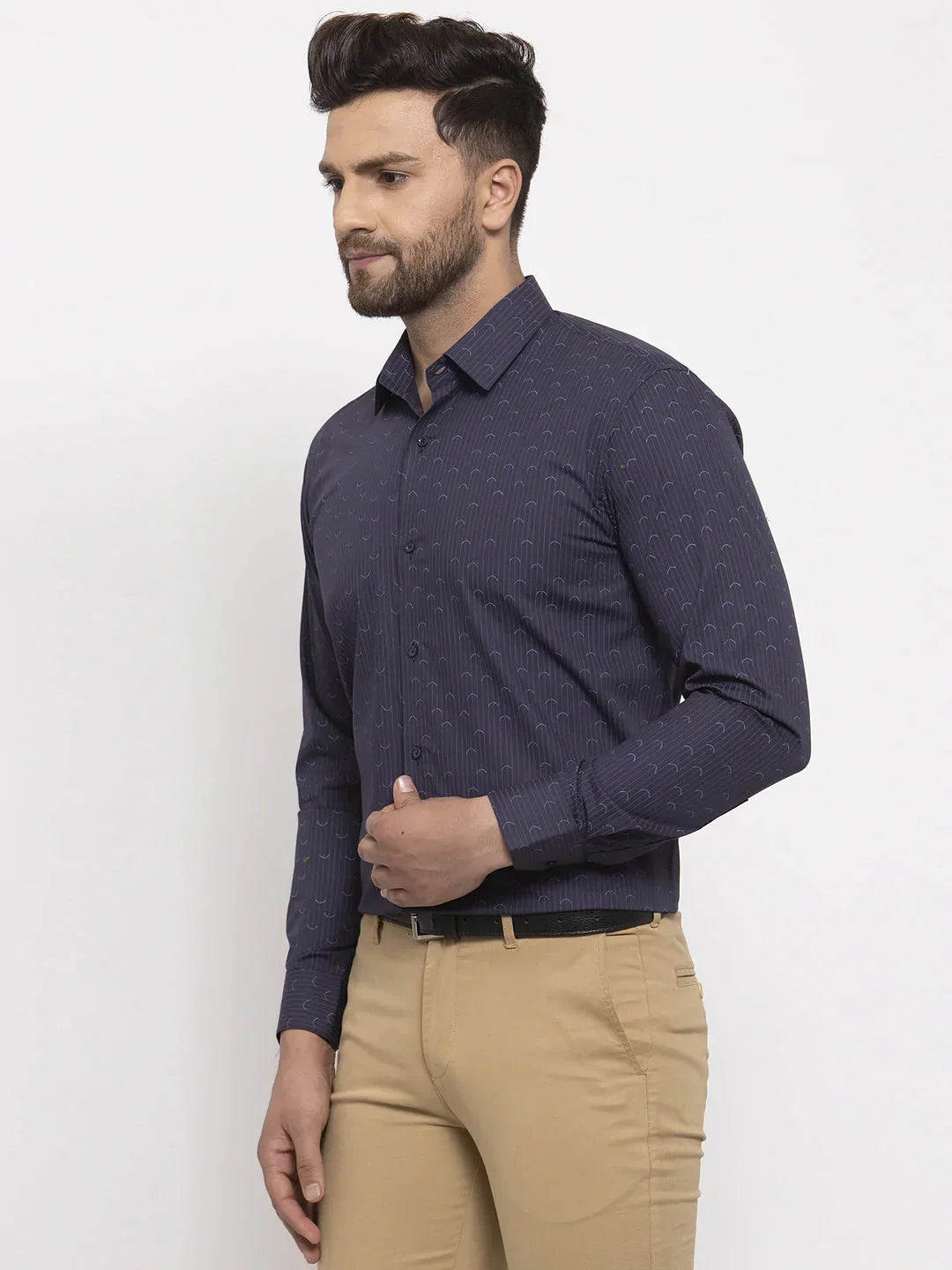 Men's Navy Cotton Printed Formal Shirt's - Taantav