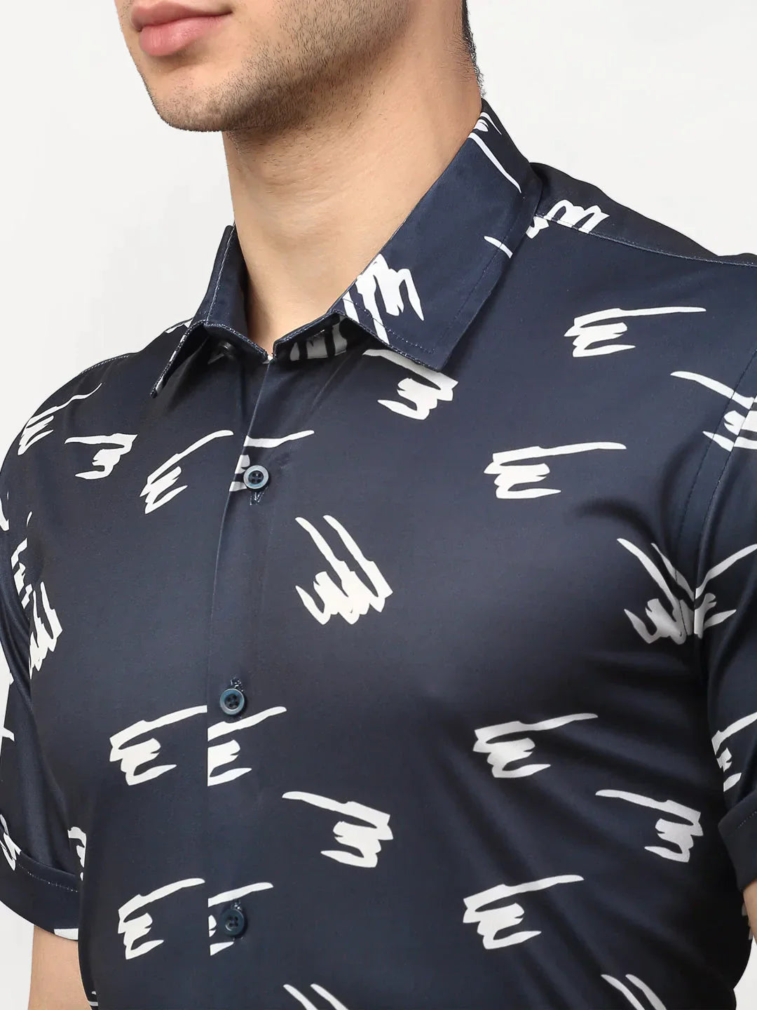 Men's Navy Blue Printed Lycra Half Sleeves Formal Shirts - Taantav