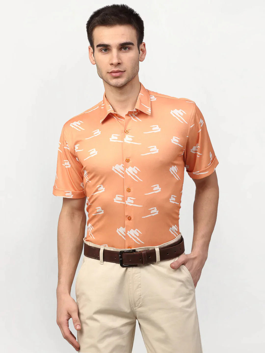 Men's Peach Printed Lycra Half Sleeves Formal Shirts - Taantav