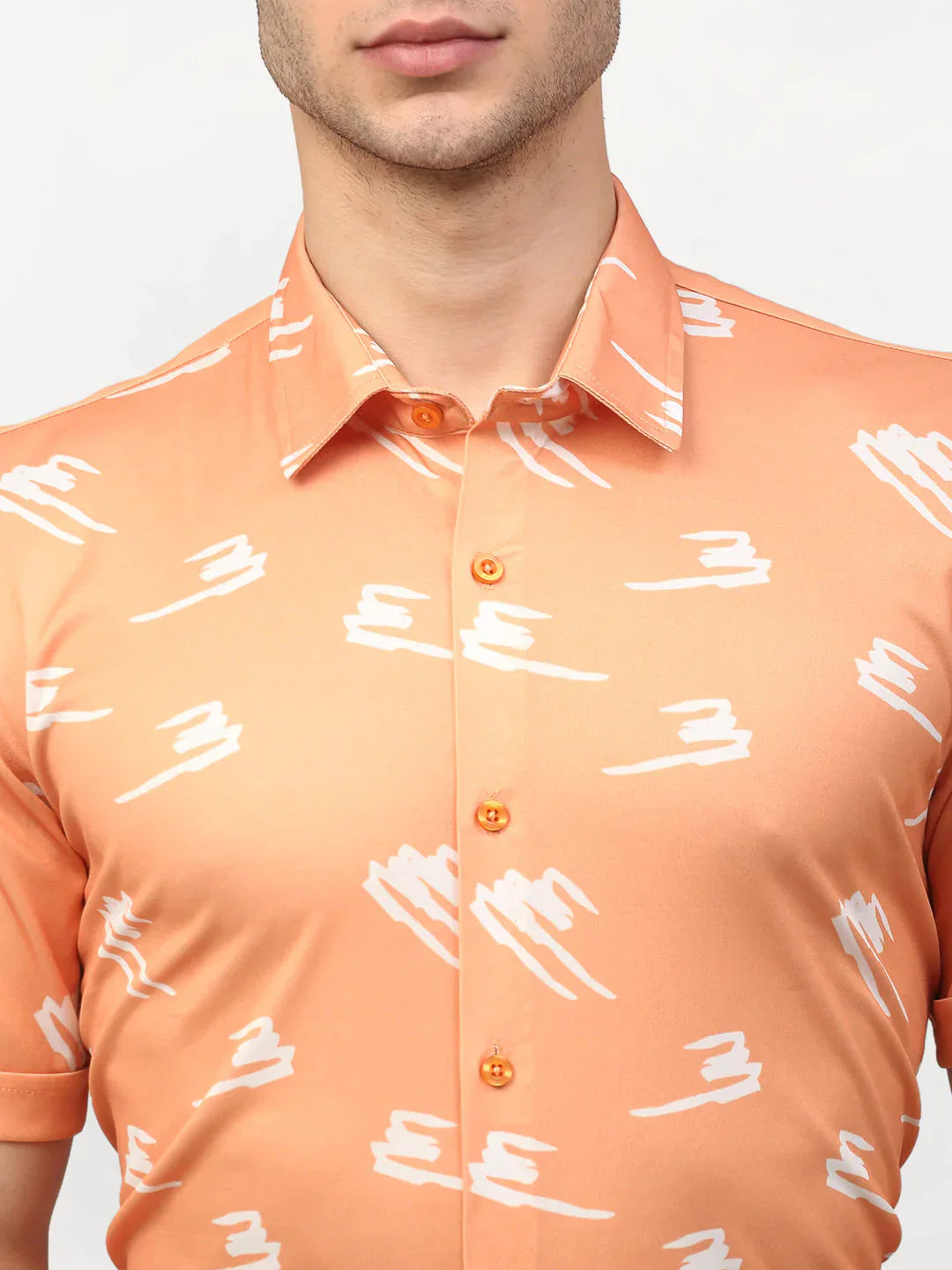 Men's Peach Printed Lycra Half Sleeves Formal Shirts - Taantav