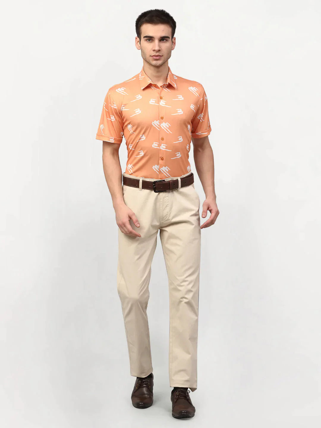 Men's Peach Printed Lycra Half Sleeves Formal Shirts - Taantav