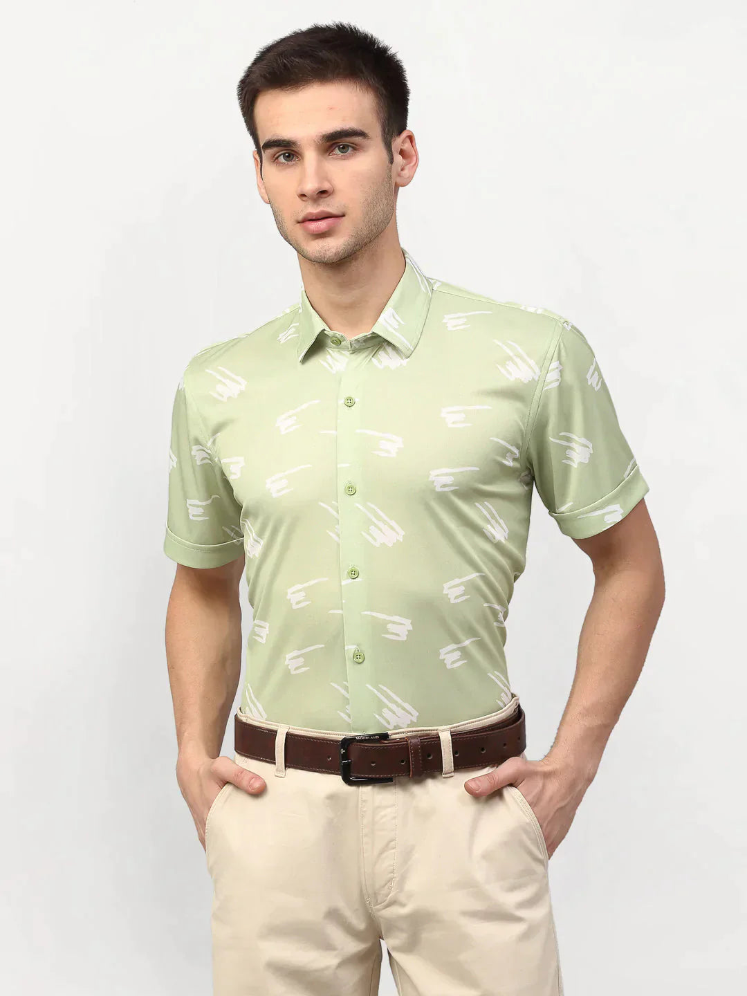 Men's Green Printed Lycra Half Sleeves Formal Shirts - Taantav