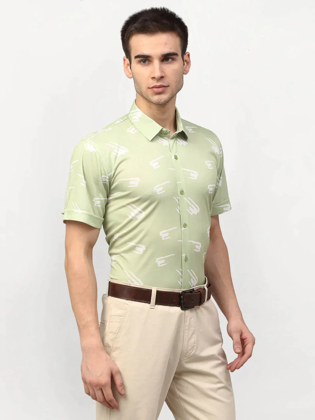 Men's Green Printed Lycra Half Sleeves Formal Shirts - Taantav