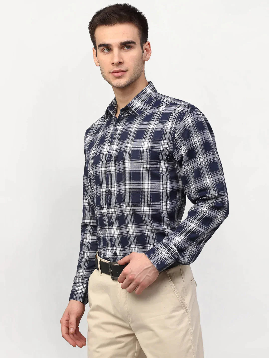 Men's Navy Blue Checked Formal Shirts - Taantav