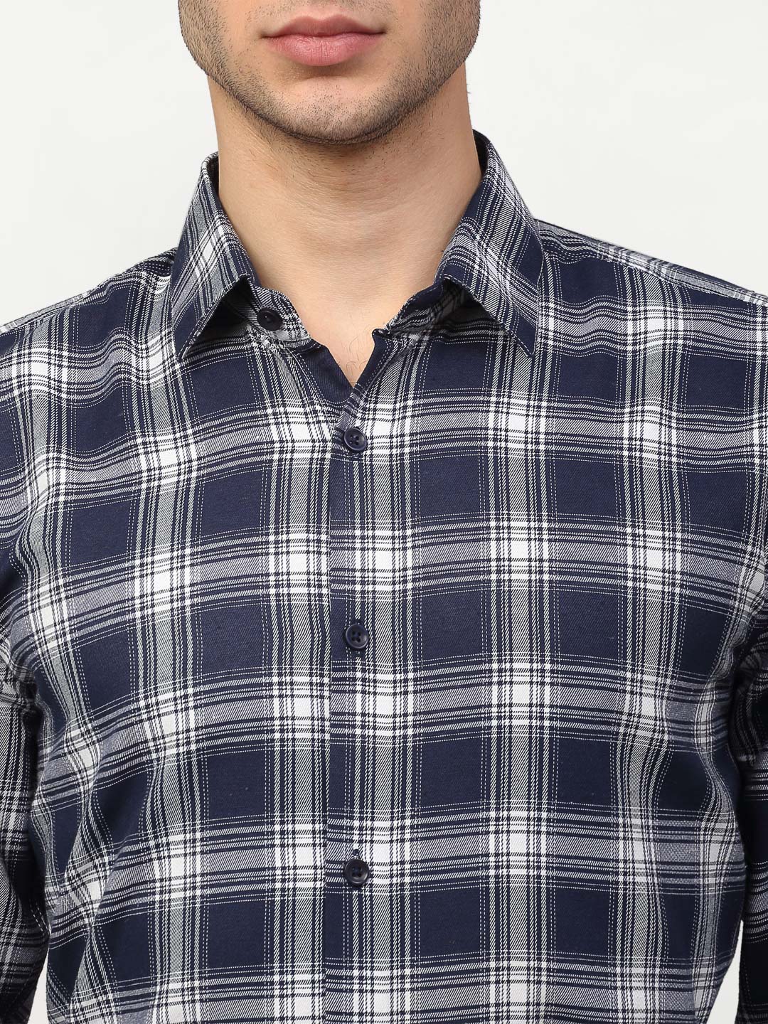 Men's Navy Blue Checked Formal Shirts - Taantav