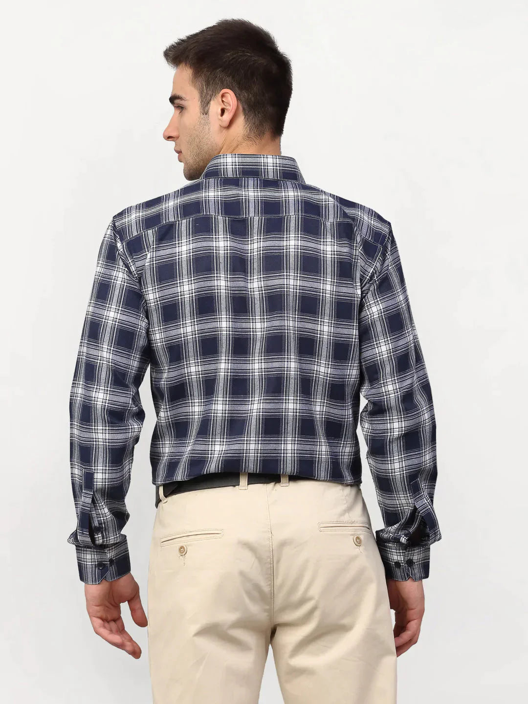 Men's Navy Blue Checked Formal Shirts - Taantav