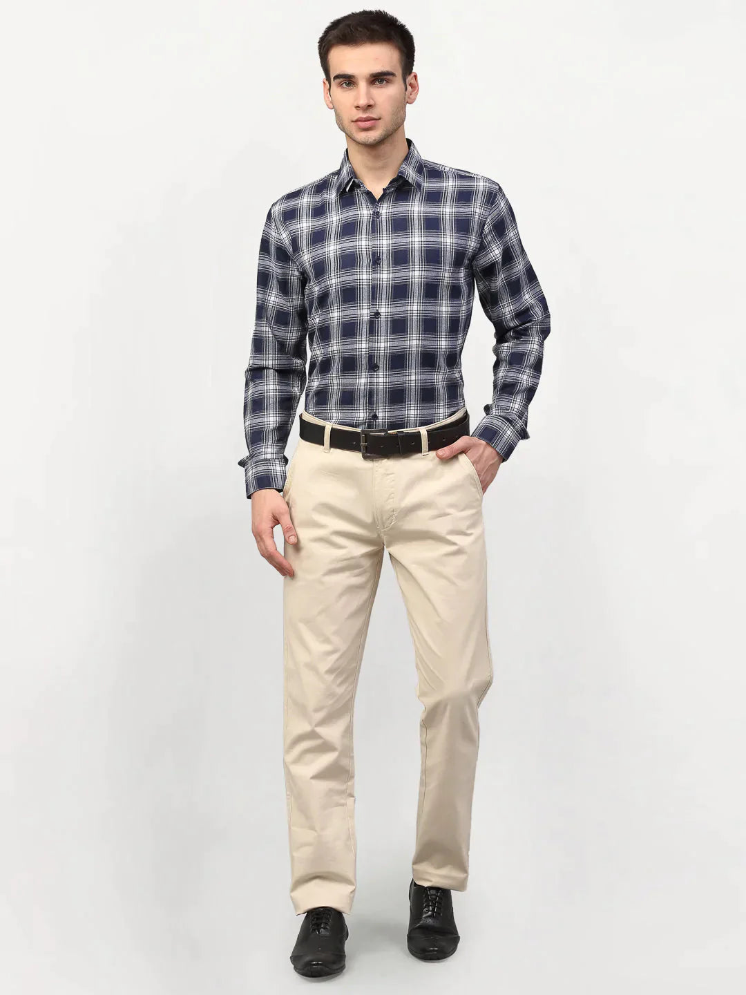 Men's Navy Blue Checked Formal Shirts - Taantav