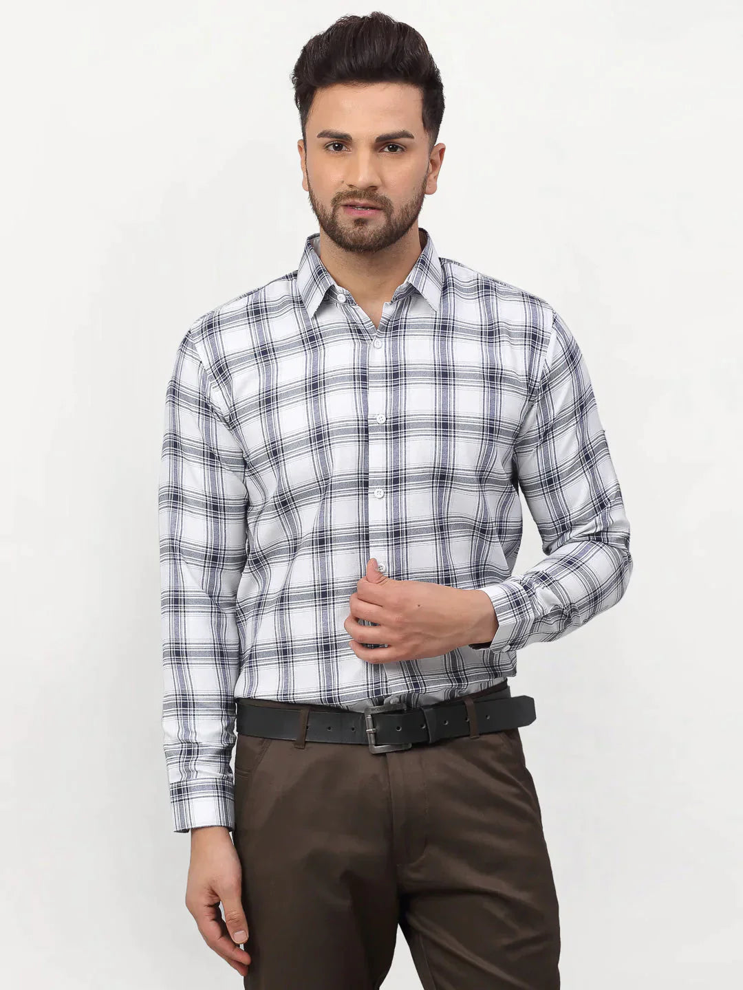 Men's White Checked Formal Shirts - Taantav