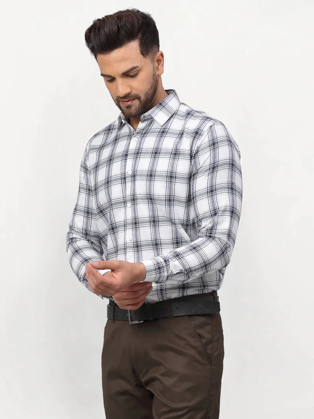 Men's White Checked Formal Shirts - Taantav