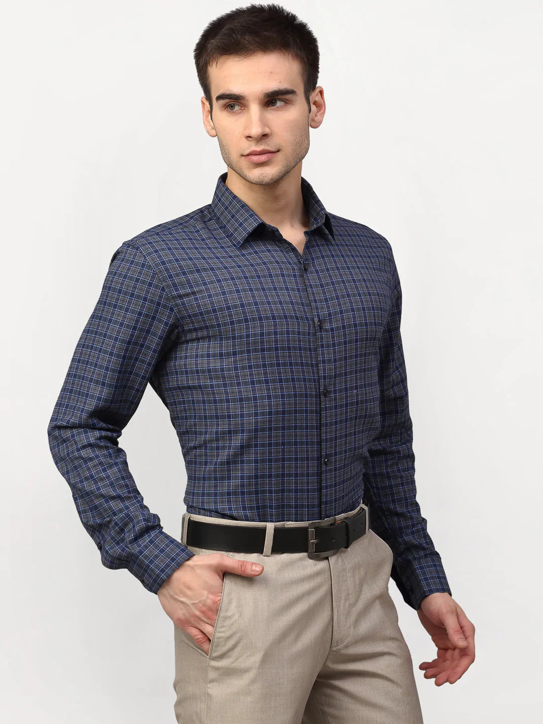 Men's Blue Checked Formal Shirts - Taantav