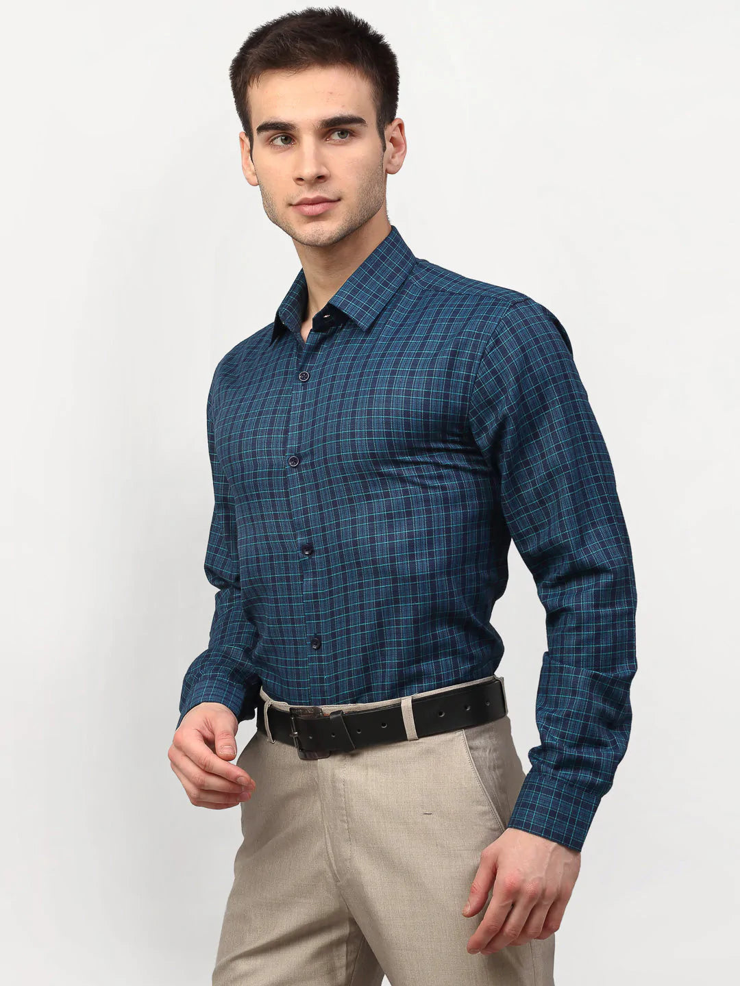 Men's Blue Checked Formal Shirts - Taantav