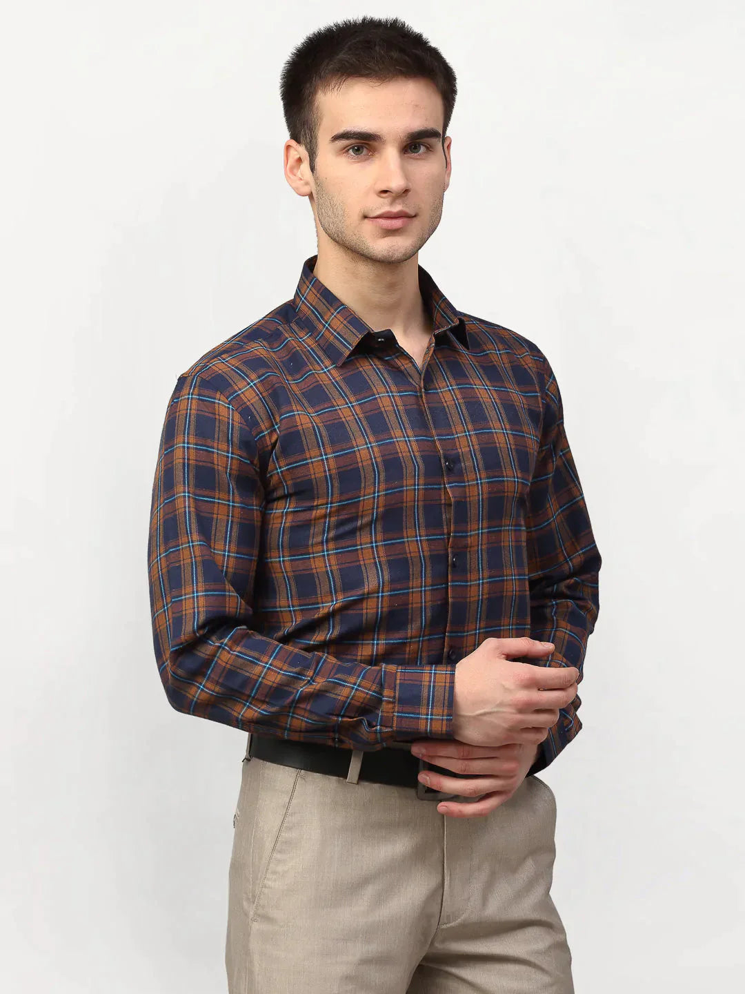 Men's Orange Checked Formal Shirts - Taantav