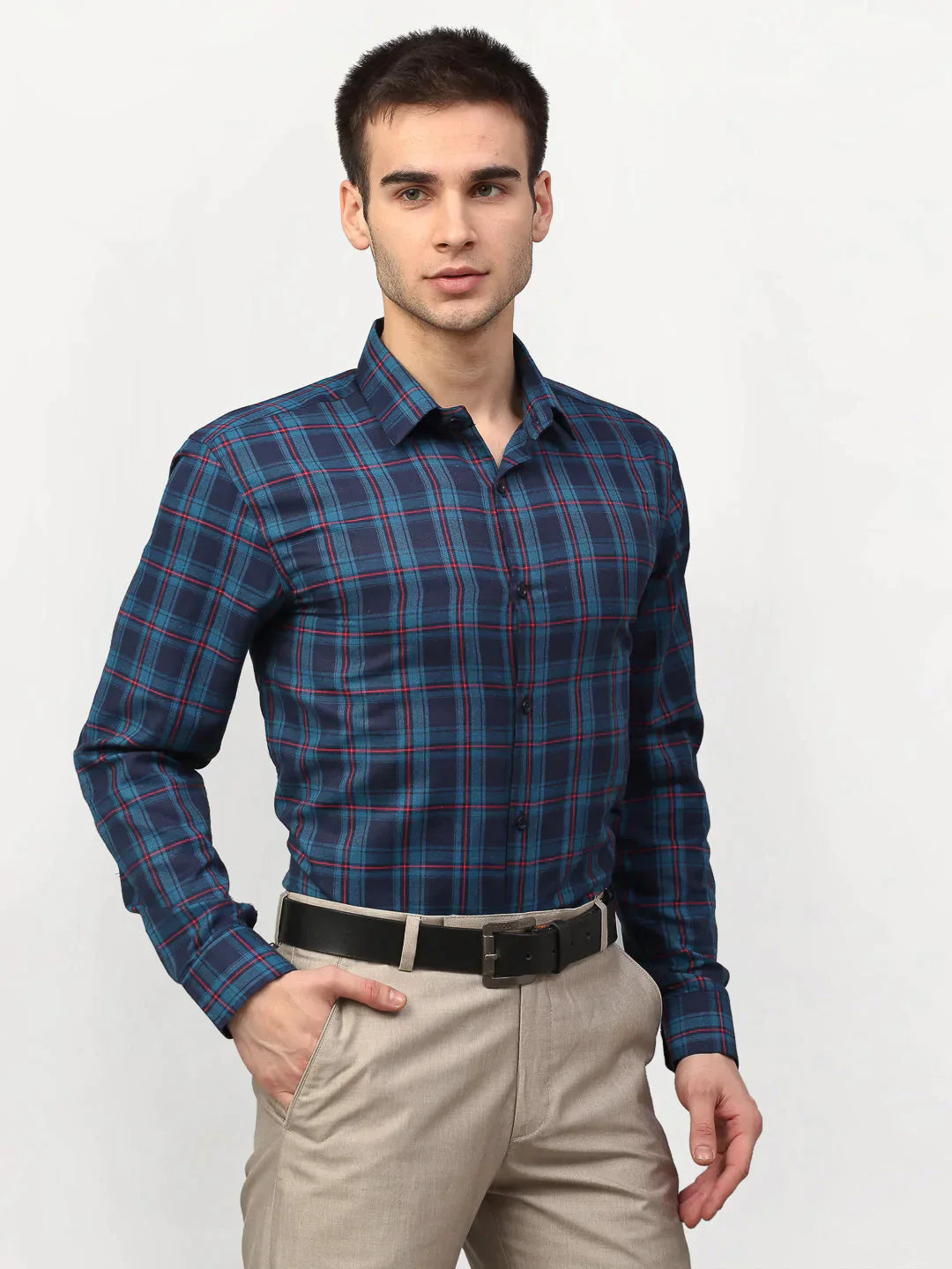 Men's Blue Checked Formal Shirts - Taantav