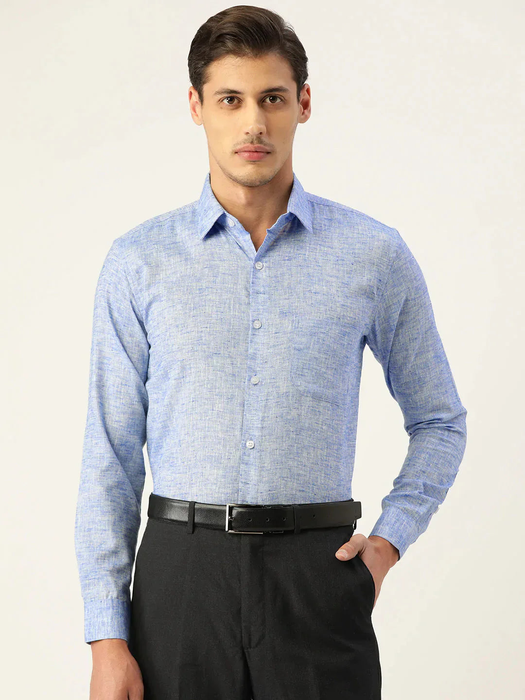 Men's Blue Solid Cotton Formal Shirt - Taantav