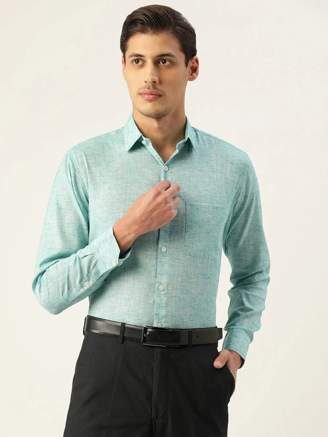 Men's Green Solid Cotton Formal Shirt - Taantav